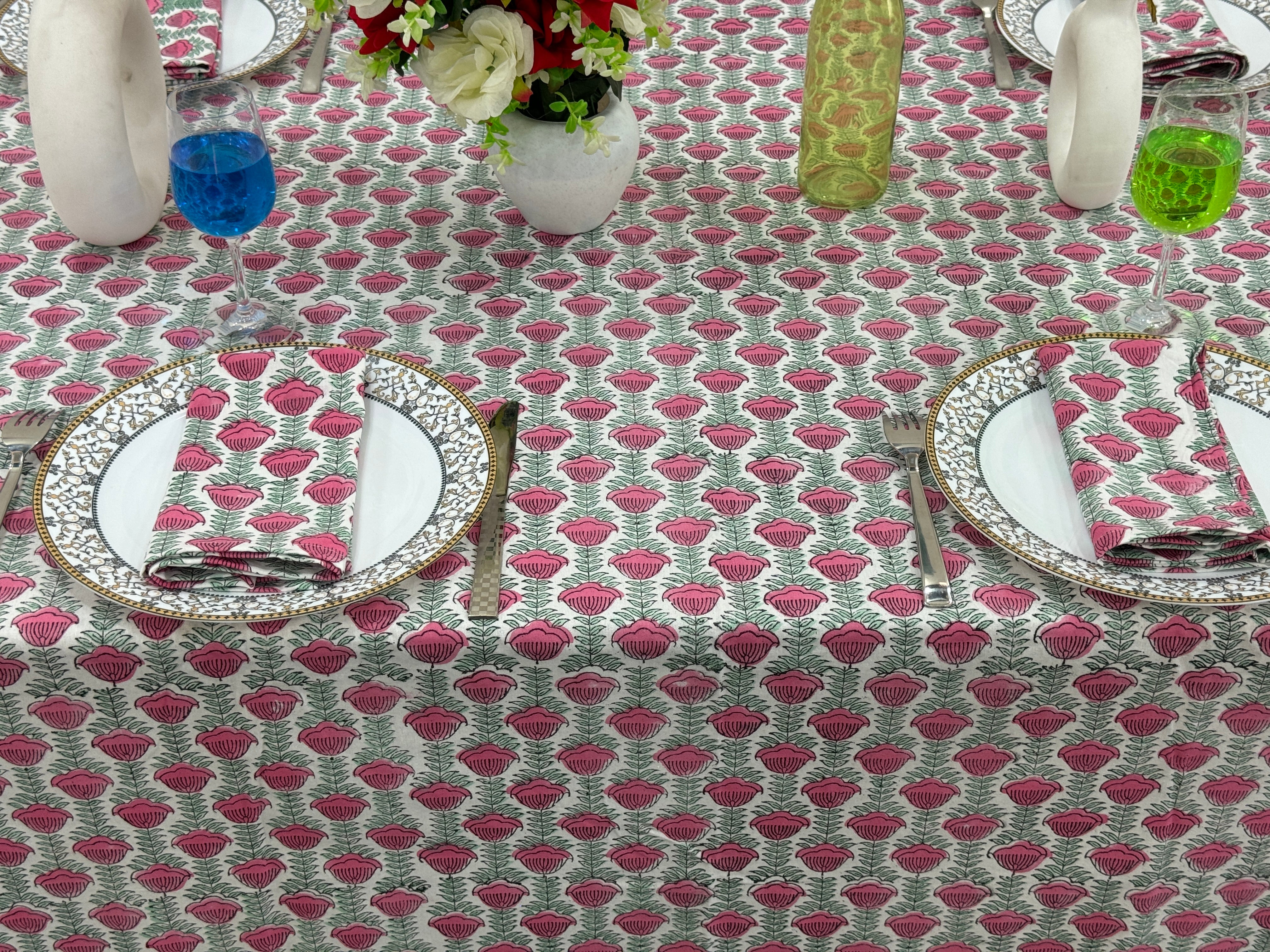 Indian Hand Block Printed Floral Tablecloth, Rectangle Dining Table Decor, Custom Size Kitchen Tablecloth, Wedding gifts, Home Decor