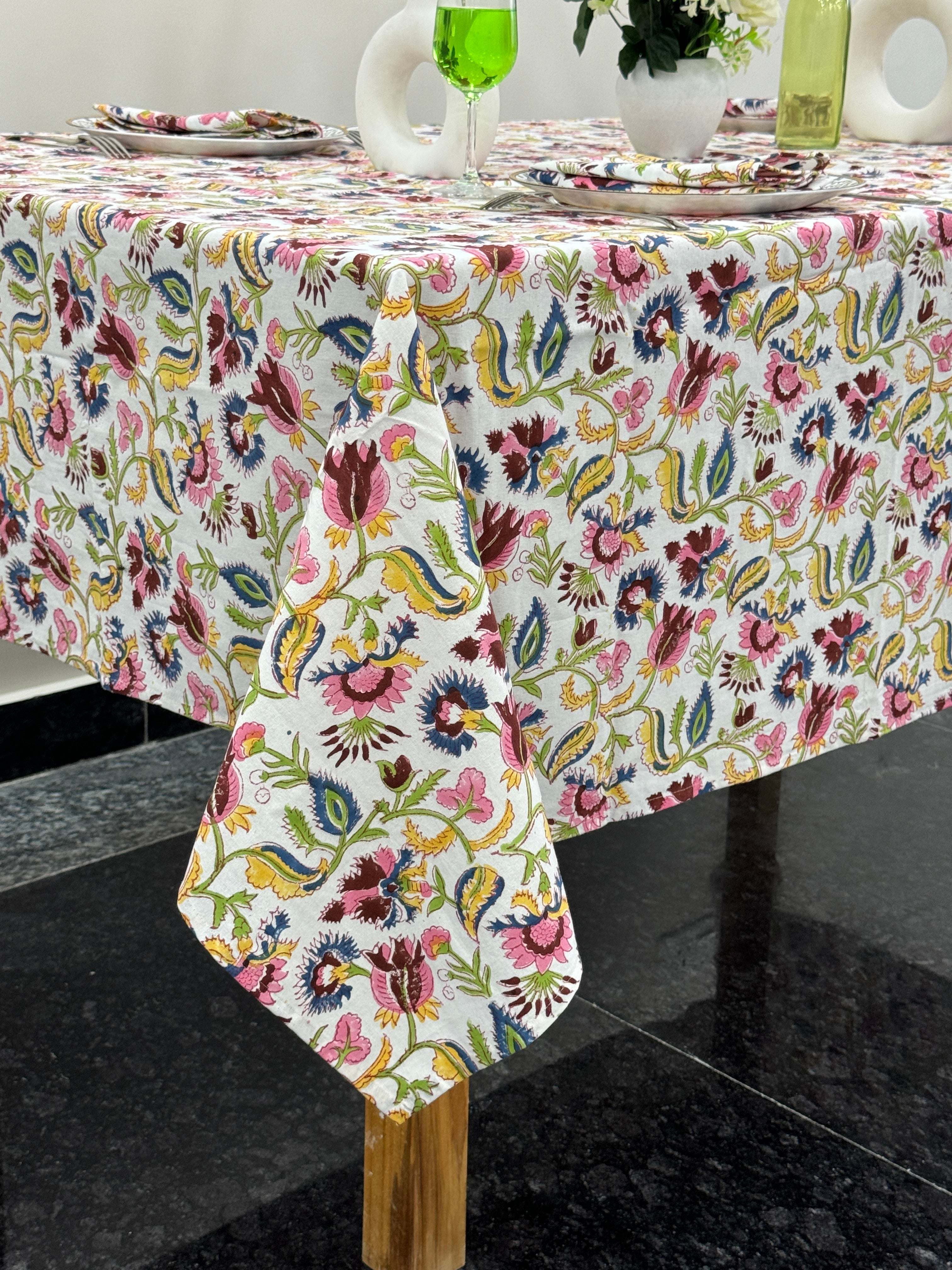 Mughal Print Cotton Block Print Tablecloth Vintage Handmade Table Cover 6 Seater French Dining Room Table Decor Rustic Boho Table Mat Napkin