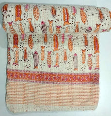 Handmade Indian Cotton Kantha Bedsheet, Hippie Bedding Throw Quilt For Bedroom, Vintage Bedspread/Bedcover/Gudari.