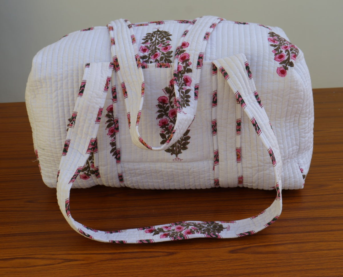 Handmade Cotton Quilted Duffle Bag, BLock Print Weekender Bag For Sale