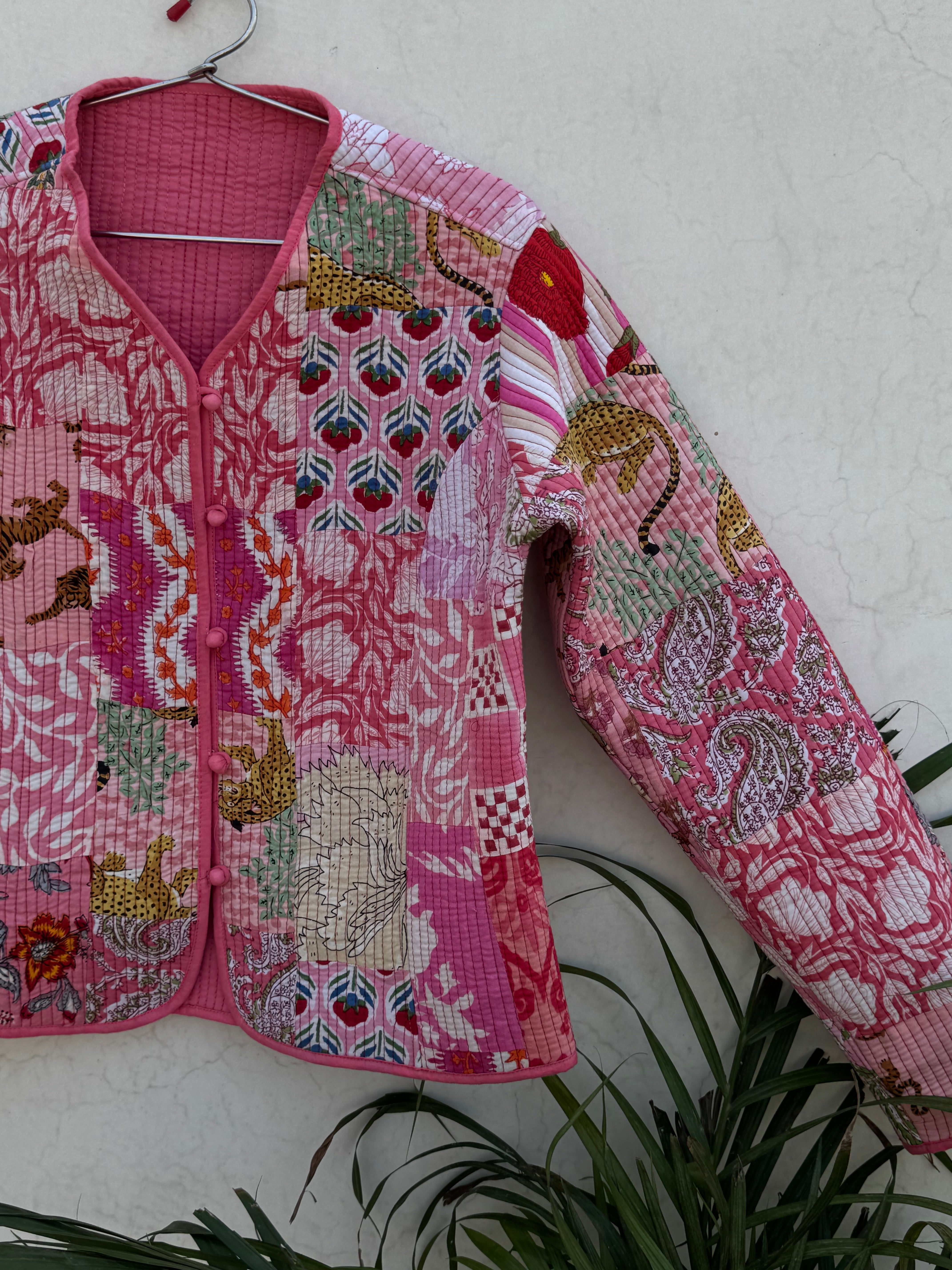 Pink Handmade Patchwork Jacket, Hand Stitched Cotton Quilted Jacket, Boho Winter Coat Streetwear Boho Quilted Jacket For Her