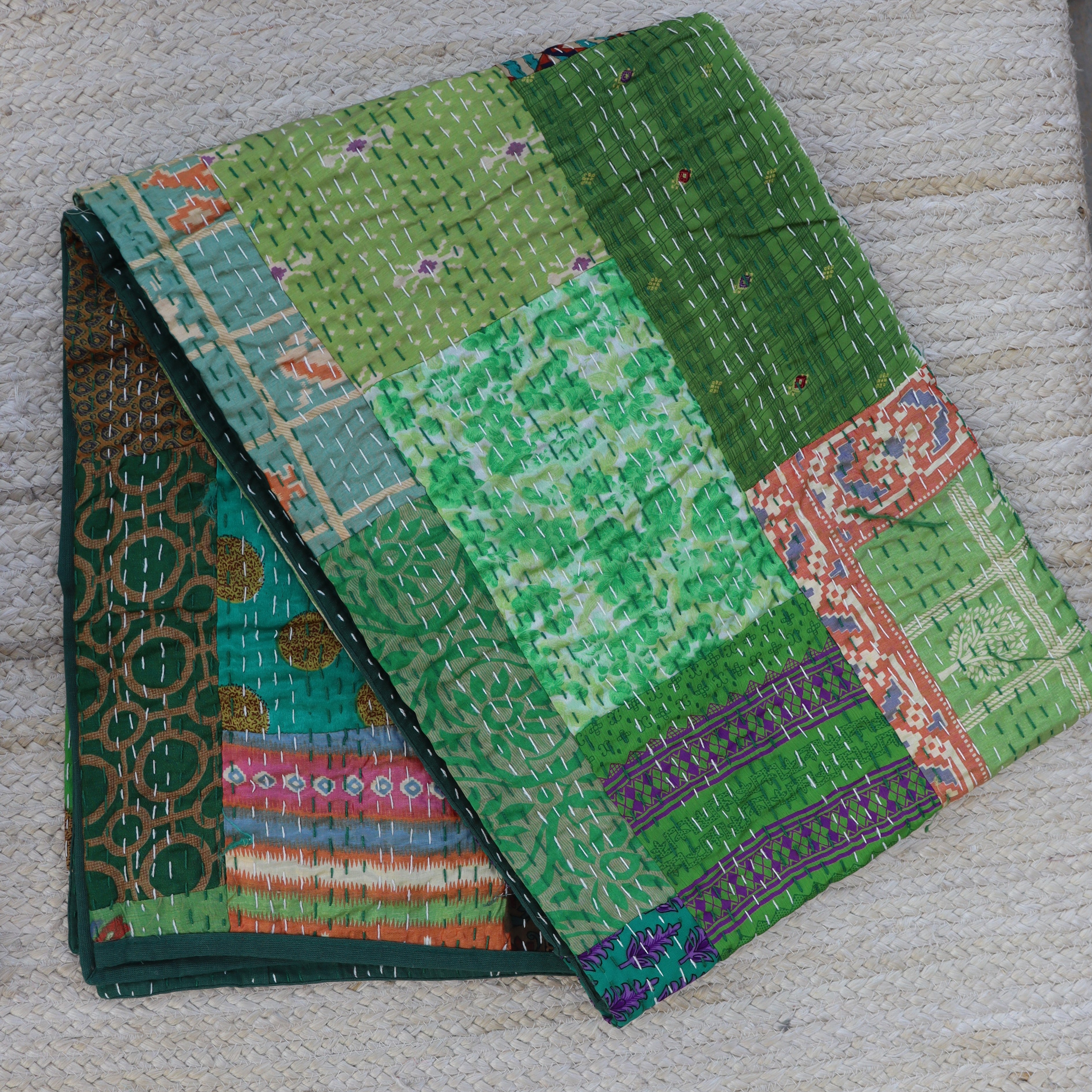 Green Indian Patchwork Throw Blanket, Handmade Home Decor Cotton & Silk Kantha Quilts, Vintage Custom Bedsheet For Sale