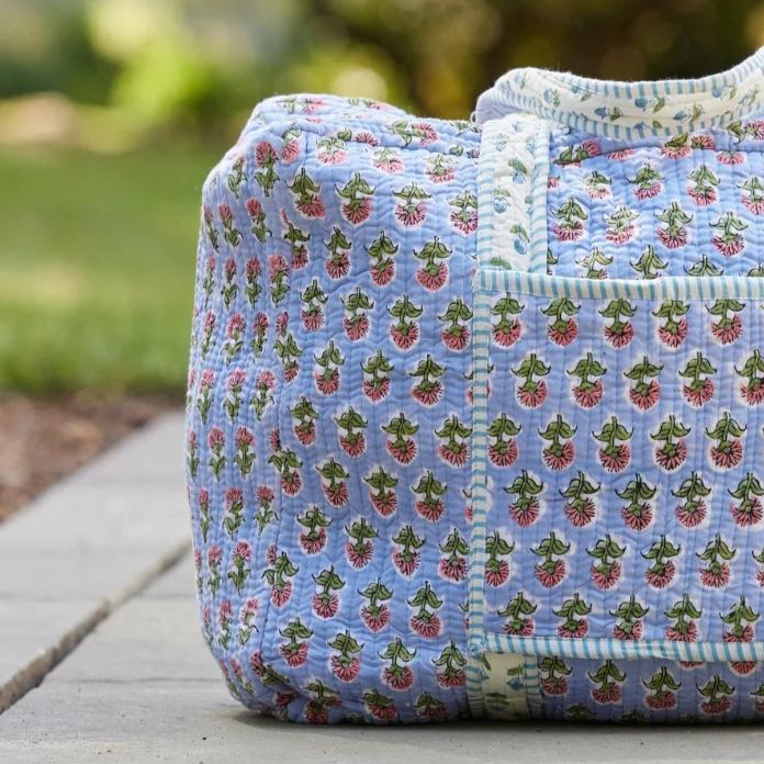 Large Cotton Quilted Hand Luggage Bag, Handmade Block Print Blue Weekender Bag, Boho Bag At Wholesale Price