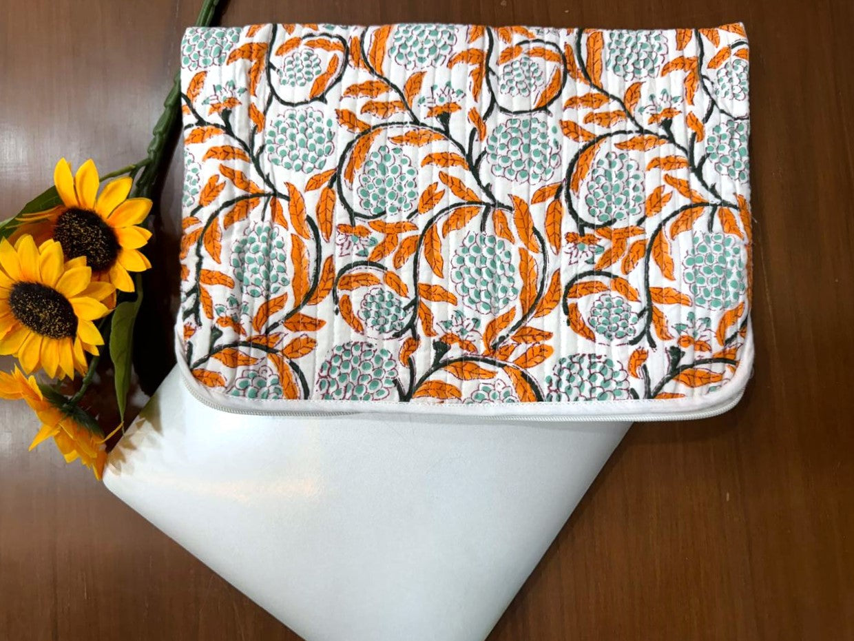 Hand Block Print Laptop Protector, Cotton Cloth Case For iPad, Quilted Boho Tablet Pouch Bag