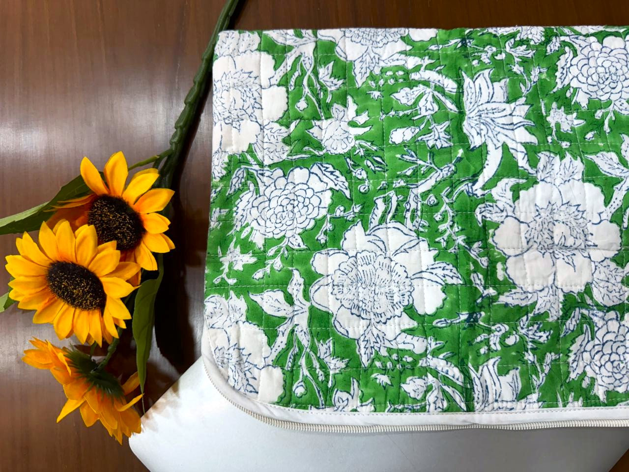 Indian Cotton Quilted Laptop Sleeve/ Green Laptop Bag For Sale