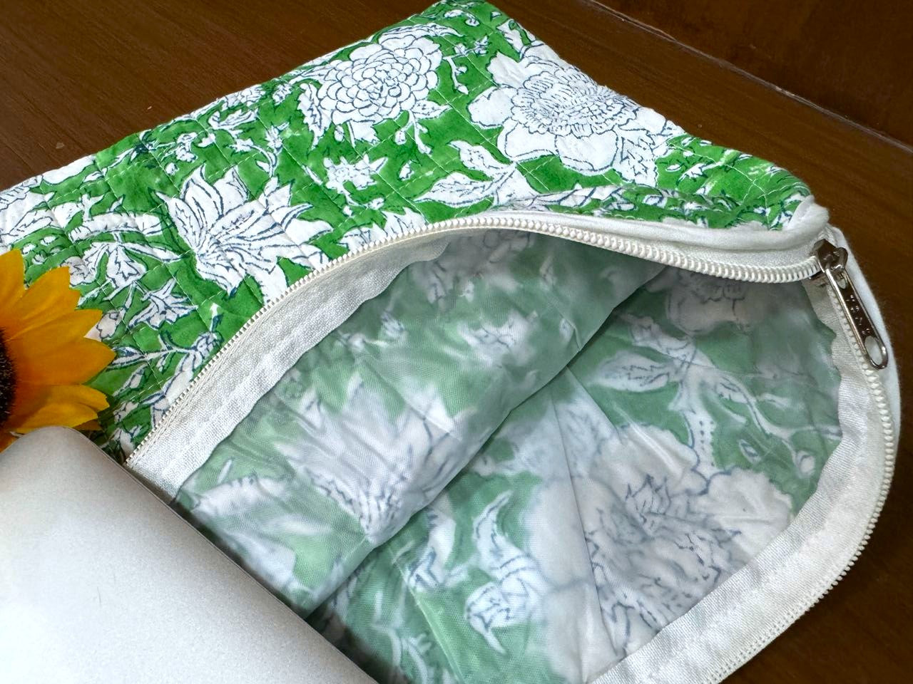 Indian Cotton Quilted Laptop Sleeve/ Green Laptop Bag For Sale