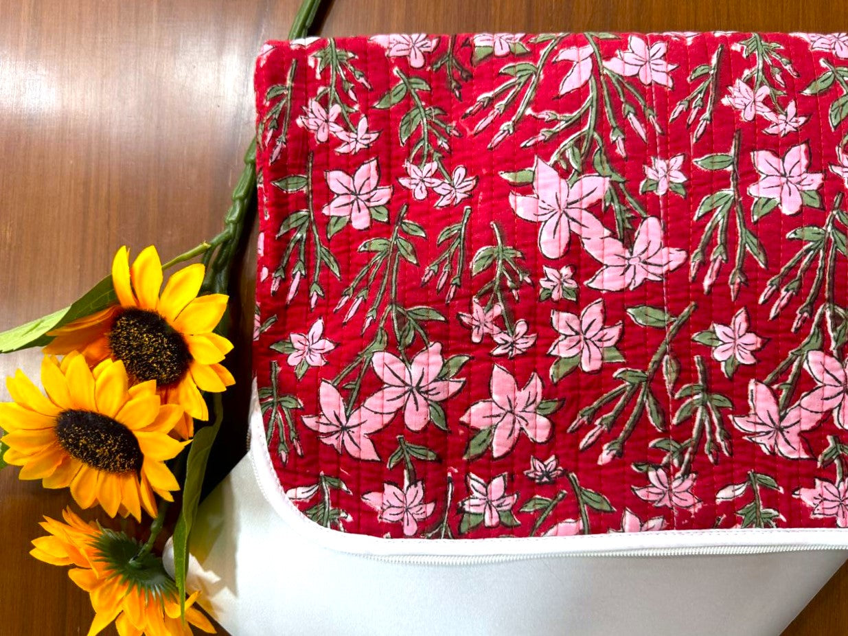 Handmade Quilted Fabric Laptop Sleeve, Indian Cotton Bohemian Laptop Cover, Floral iPad Bag/ Computer Cover